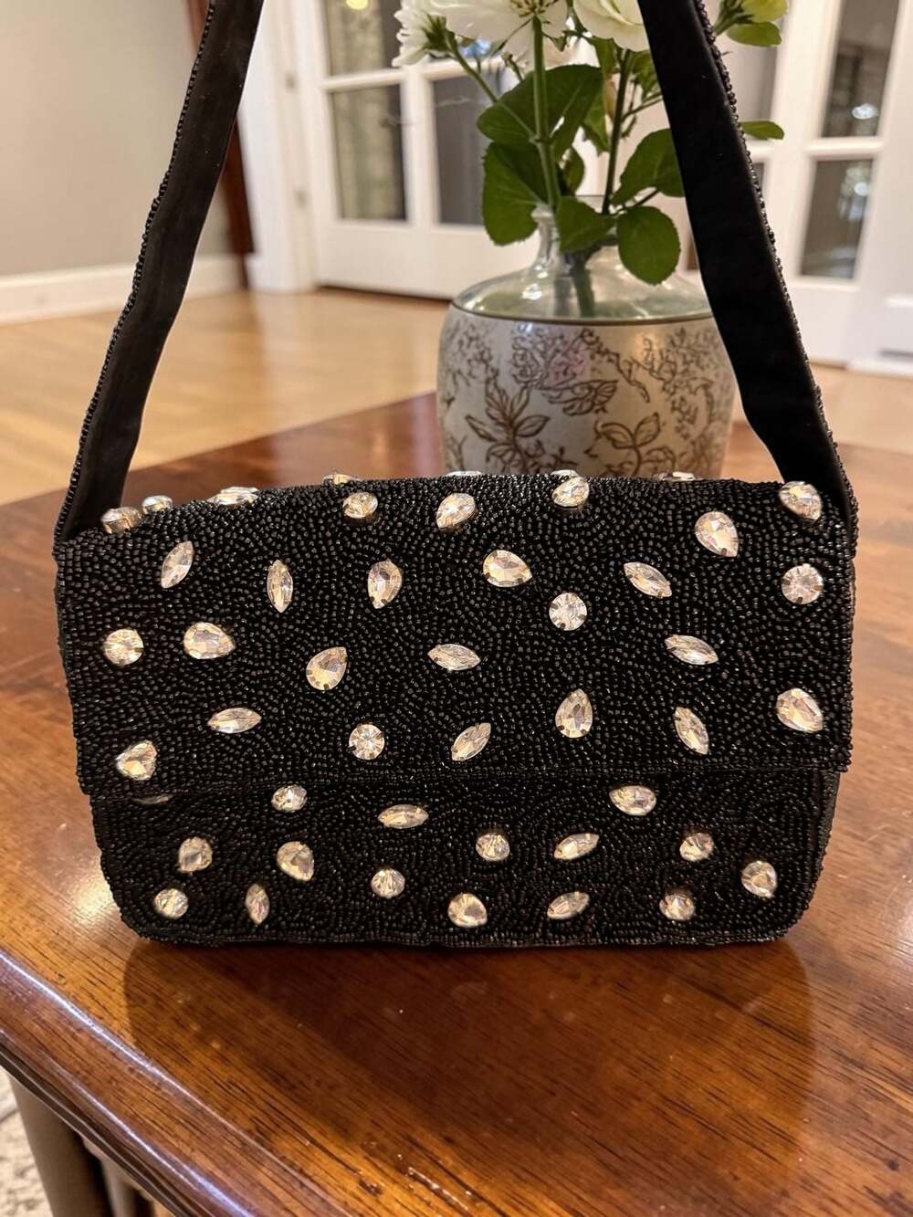 On 34th Black Beaded Rhinestone Crystal Embellished Shoulder Bag